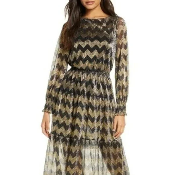 Eliza J Metallic Chevron Stripe Long Sleeve Maxi Dress Gold Eliza J Metallic Chevron Stripe Long Sleeve Maxi Dress Gold